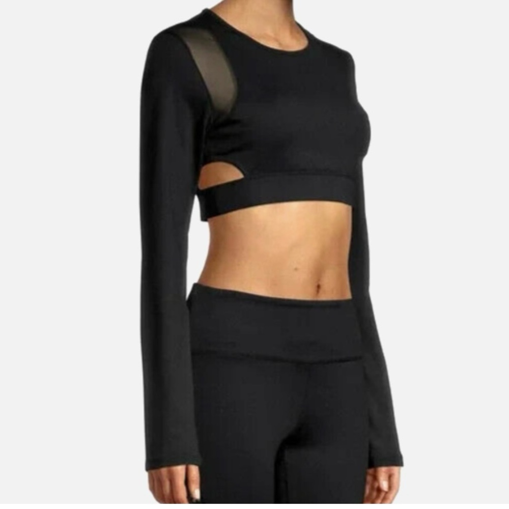 ROBERTO CAVALLI Black & Gold Longsleeve Sport Bra Crop Cutouts Mesh Criss Cross